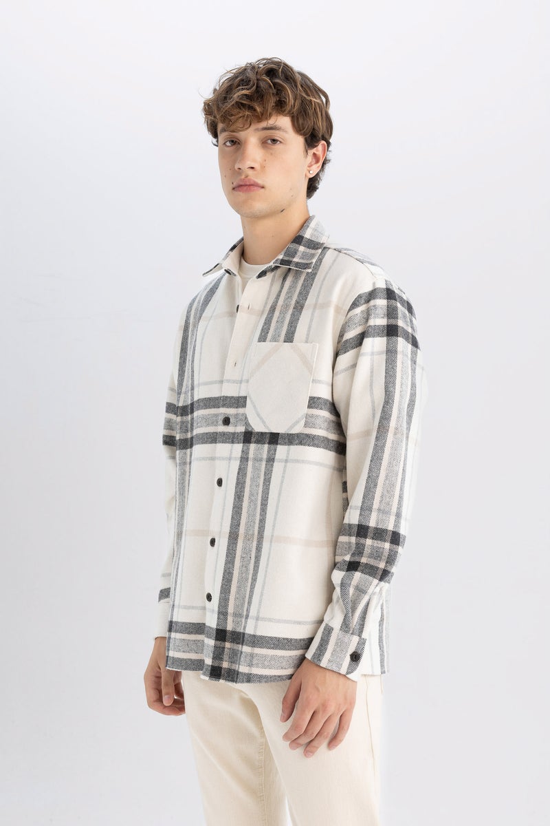 DeFacto Beige Man Regular Fit Polo Neck Plaid Long Sleeve Shirt Casual - Image 3